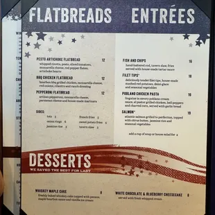 Menu - flatbreads, entrees, desserts