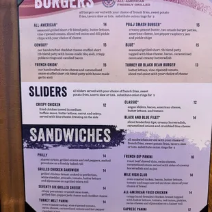 Menu - burgers, sliders, sandwiches