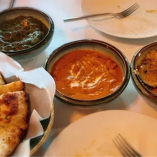 Dinner - Garlic Naan, Saag Paneer, Butter Chicken, and Sewa Chat