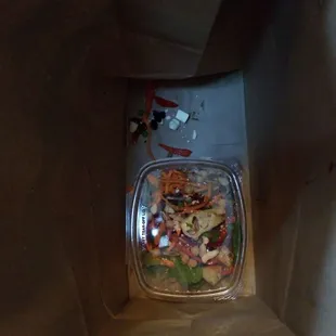 What your dinner looks like after you rush to pack your bag while the cashier just stands there!