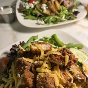 Crispy chicken salad, and black and blue salad