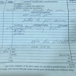 Bottom of receipt from El Paso Sewing Center