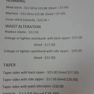 Sample charges for skirt alterations