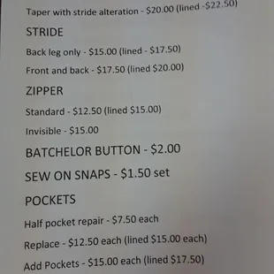 Sample charges for alterations on slacks
