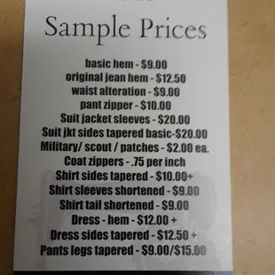 Sample of basic prices