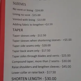 Sample SuitJacket alterations charges