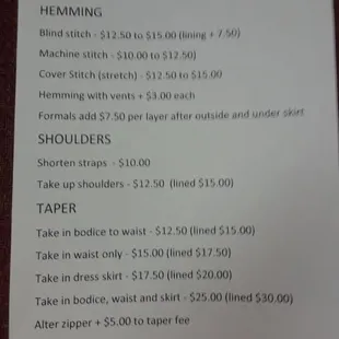 Sample charges for dress alterations