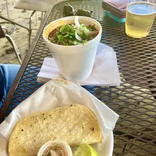 Cup of Pozole w/cilantro, lime, &amp; onions and a side of corn tortillas. MUY DELICIOSO!!
