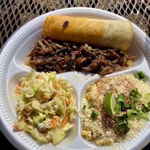 Cabrito platter: goat, corn tortillas, blue cheese apple coleslaw, and elote (Mexican street corn)