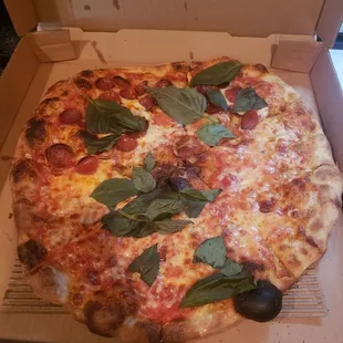 Yummy hot pizza with fresh basil.