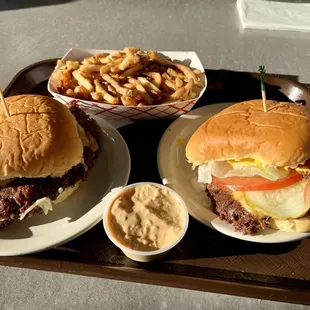 Clockwise: Oklahoma Onion (left), Just Fries, Classic, Burger Bar Sauce