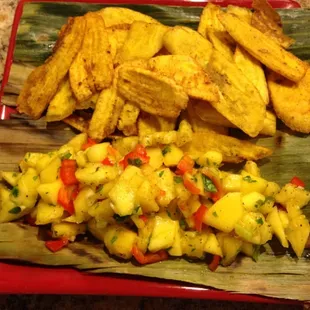 plantain chips with mango sofrito dip.