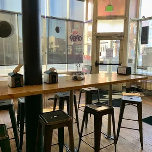 tables and stools in a restaurant