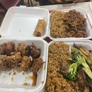 Chicken Teriyaki (1), beef and broccoli, five spice chicken, and an Egg Roll (1)