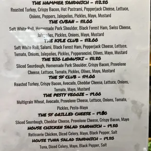 a menu for special sandwiches