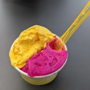 Rosewater saffron (yellow) gelato and pitaya aka dragon fruit (magenta) dairy free sorbet