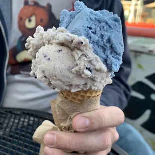 Butterfly pea flower tea (blue) and honey lavender blueberry (creamy grey-lavender) on a cone