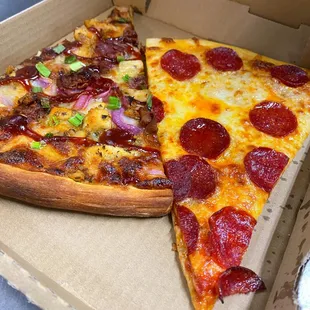 Hot delicious pizza-by-the-slices to go!
