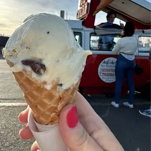 Fresh Mint Chip in a super crispy waffle cone, delicious!