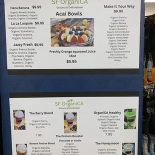 Açaí bowls + smoothie offerings