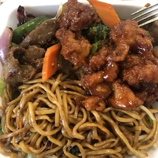 Three plate combo - chow mein with broccoli beef, Mongolian beef, and sesame chicken.