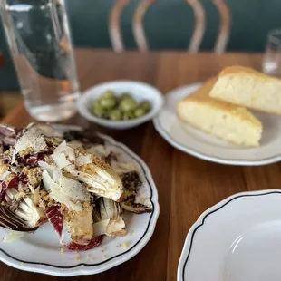 Grilled Treviso, Marinated Olives, Focaccia