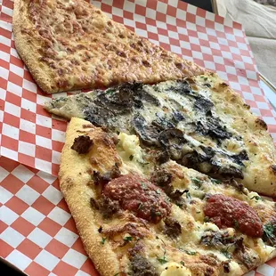 Meatball pie slice, cheese slice