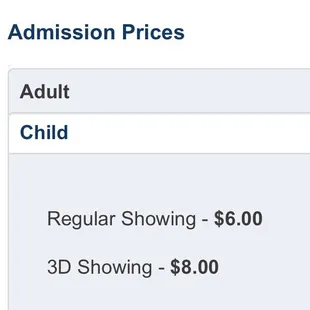 Adult ticket prices