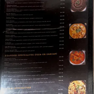 Vegetarian Specialties, Seafood Specialties(shrimp or fish) and Biryani Specialties