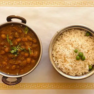 38. Chana Masala, Steamed Basmati Rice and a Chai tea