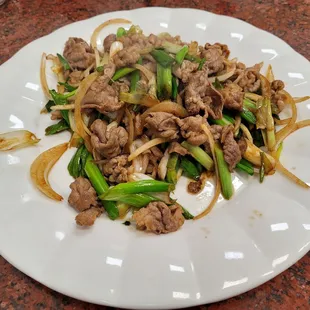 Sliced lamb with onions. Tasty!