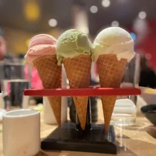 Red bean, green tea, and lychee ice cream cones