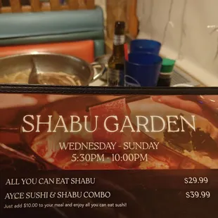 Menu Shabu Shabu and sushi