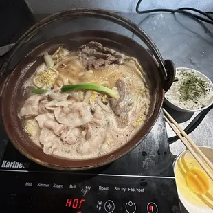 Sukiyaki with prime rib and black hog pork belly