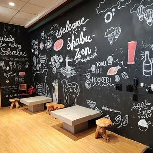 a blackboard wall with writing on it