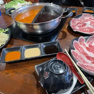 Spicy Tom yum &amp; sukiyaki w/ Wagyu &amp; prime ribs