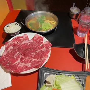 Mildly Spicy Miso Broth, Lamb Plate, Traditional Vegetable Plate, Udon Noodles