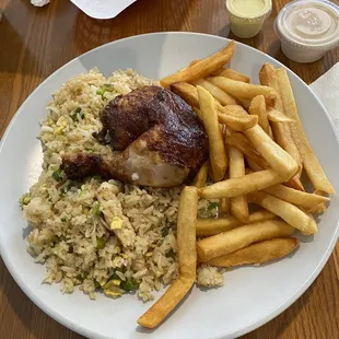 Chicken, rice w egg, fries