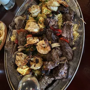 Meat platter. Simply amazing. Includes beef, chicken, kafta, chicken and shrimp. We love it