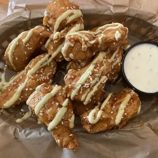 Korean boneless wings - wasn&apos;t a fan. That&apos;s wasabi drizzle on top - didn&apos;t care for. The wings were also dry.