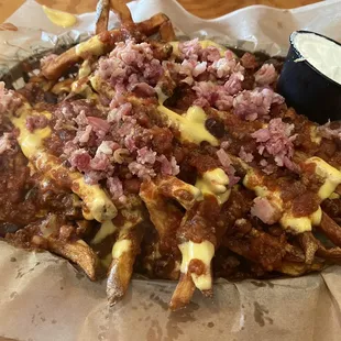 Cheesy Fries with Chili and Sour Cream - these were absolutely delish! Every fry was covered and yummy!