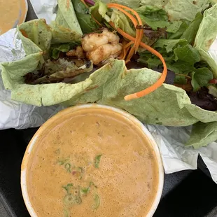 Sesame shrimp wrap and crawfish bisque