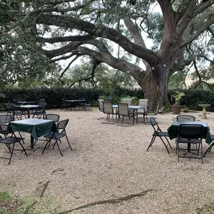 tables and chairs under shade trees