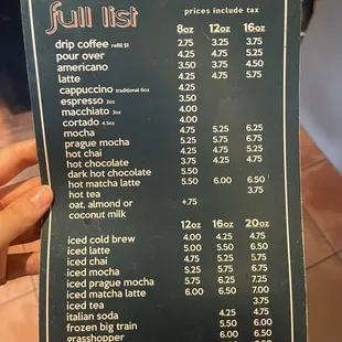 Coffee menu