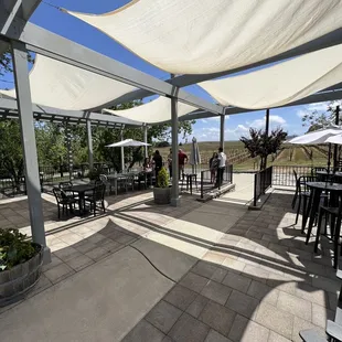a patio area with tables and umbrellas