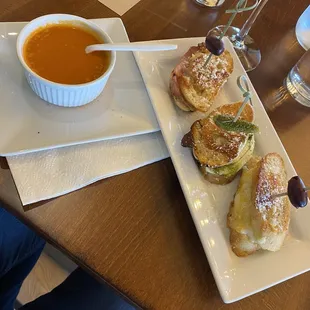 3 types of grilled cheese sandwiches, all delicious and a cup of yummy tomato soup.