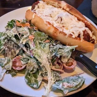 Meatball sandwich with side salad + blue cheese