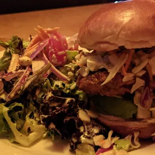 Adobo chicken sandwich with blue cheese dressing side salad