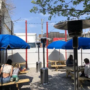 a group of people sitting under umbrellas