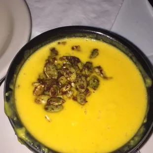 Sunburst squash and chipotle pepper soup! Delish!